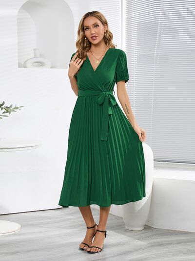 Pleated Surplice Tie Waist Midi Dress