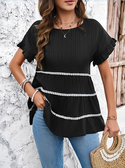 Round Neck Flounce Sleeve Blouse