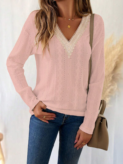 Eyelet V-Neck Dropped Shoulder T-Shirt