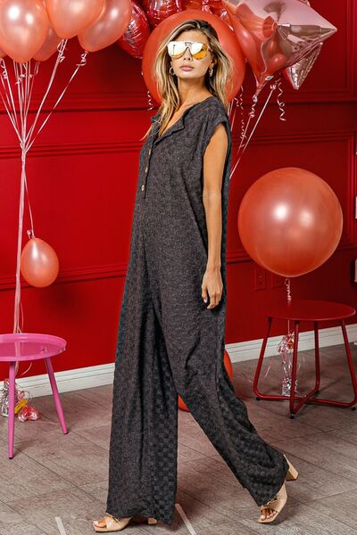 BiBi Checkered Cap Sleeve Wide Leg Jumpsuit with Pockets