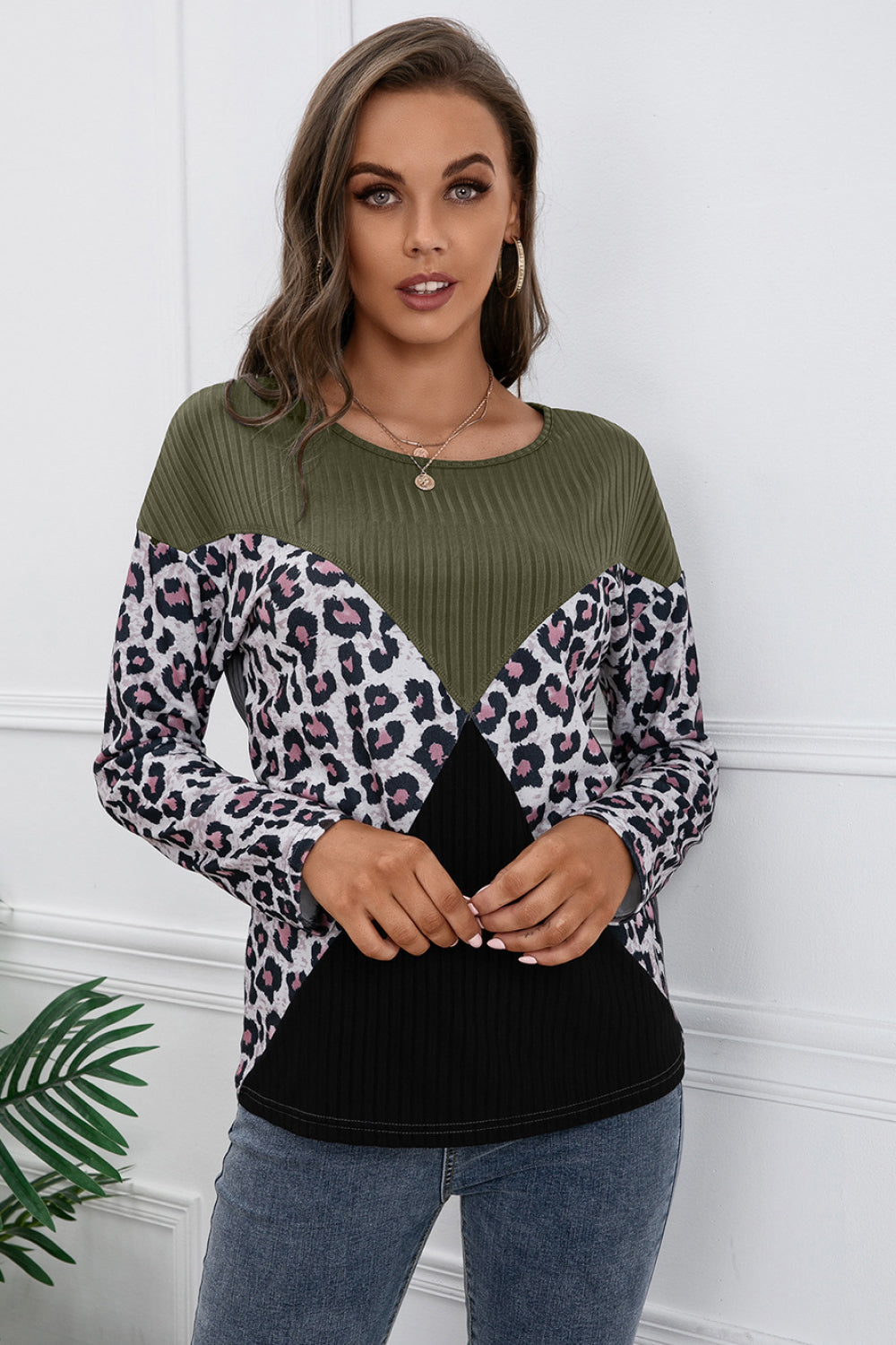 Leopard Patch Color Block Ribbed Top