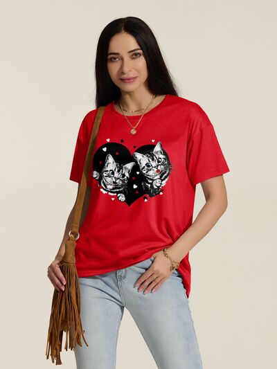 Cat Round Neck Dropped Shoulder T-Shirt