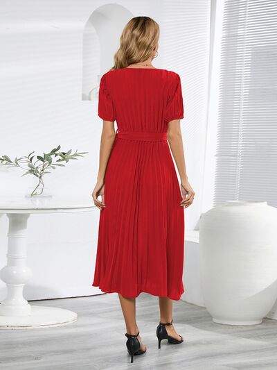 Pleated Surplice Tie Waist Midi Dress