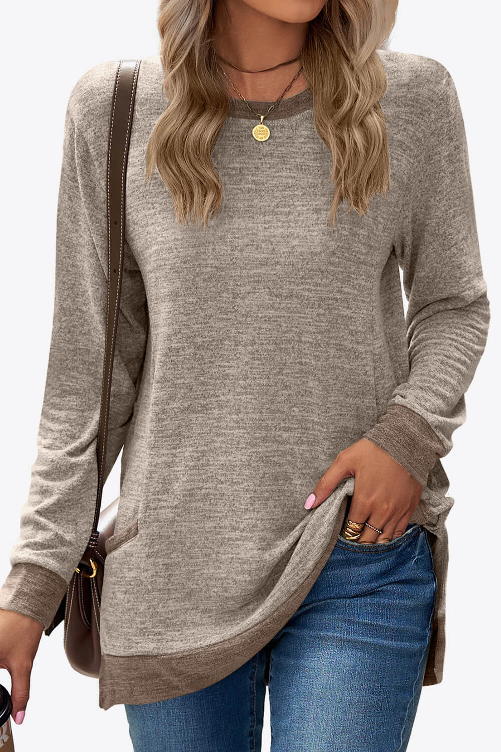Heathered Slit Top with Pockets