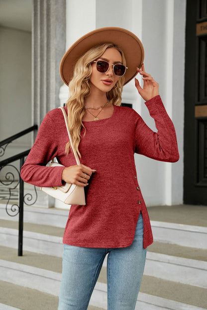 Square Neck Long Sleeve Slit T-Shirt