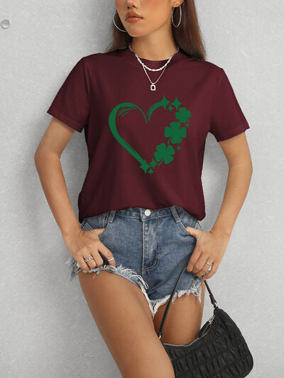 Heart Lucky Clover Round Neck Short Sleeve T-Shirt