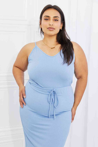 Capella Flatter Me Full Size Ribbed Front Tie Midi Dress in Pastel Blue