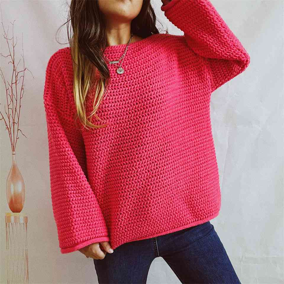 Openwork Boat Neck Long Sleeve Sweater