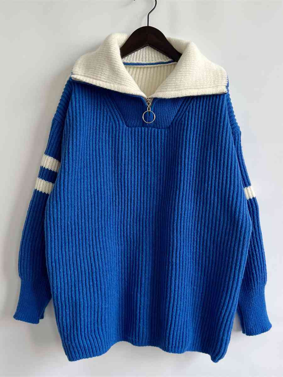 Ribbed Two-Tone Half Zip Sweater