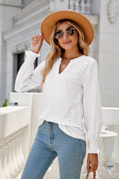 Notched Flounce Sleeve Eyelet Top