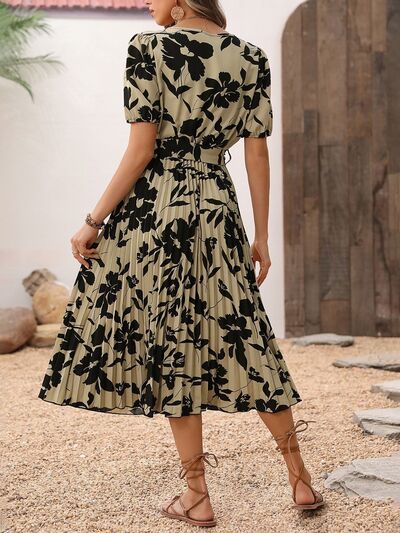 Tied Printed V-Neck Short Sleeve Pleated Dress