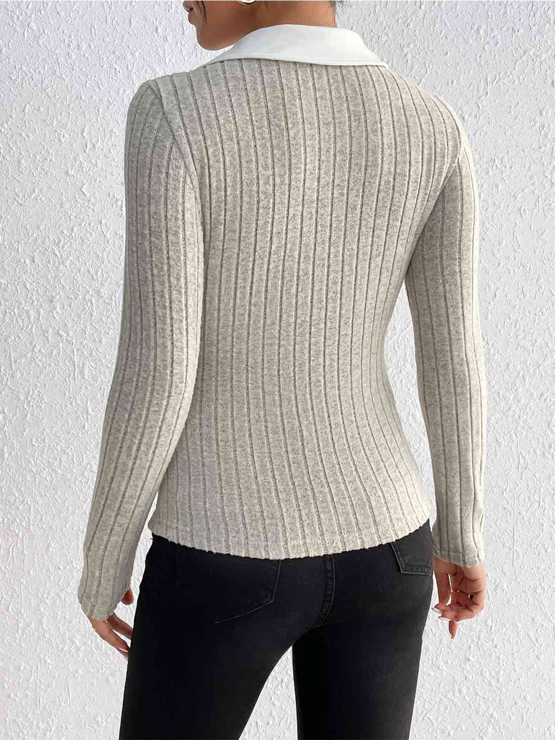 Ribbed Johnny Collar Long Sleeve Blouse