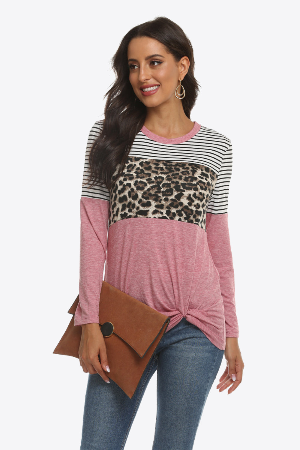 Mixed Print Gathered Detail Long Sleeve Top