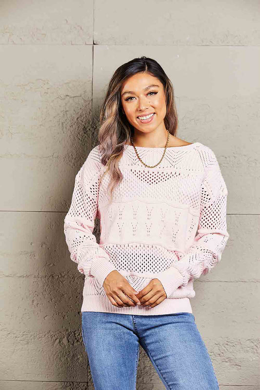 Double Take Openwork Boat Neck Pullover Sweater