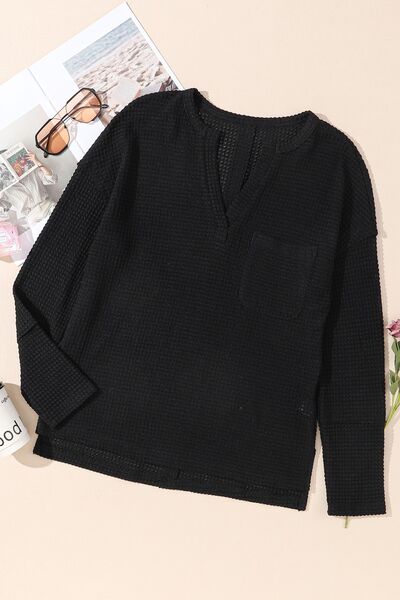 Waffle-Knit Notched Dropped Shoulder Blouse
