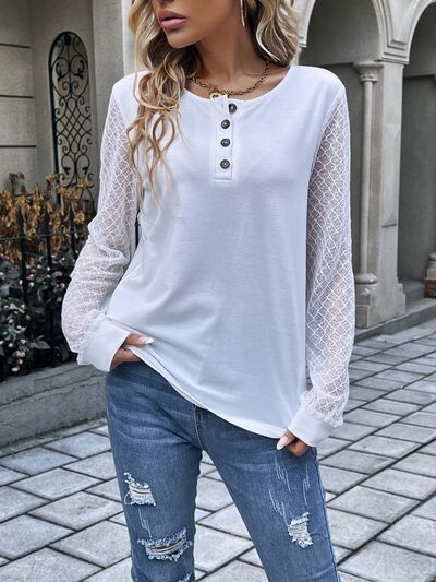 Quarter Button Round Neck Long Sleeve Blouse