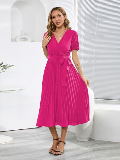 Pleated Surplice Tie Waist Midi Dress