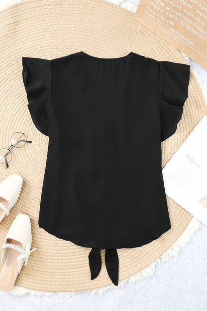 V-Neck Tie Hem Flutter Sleeve Blouse