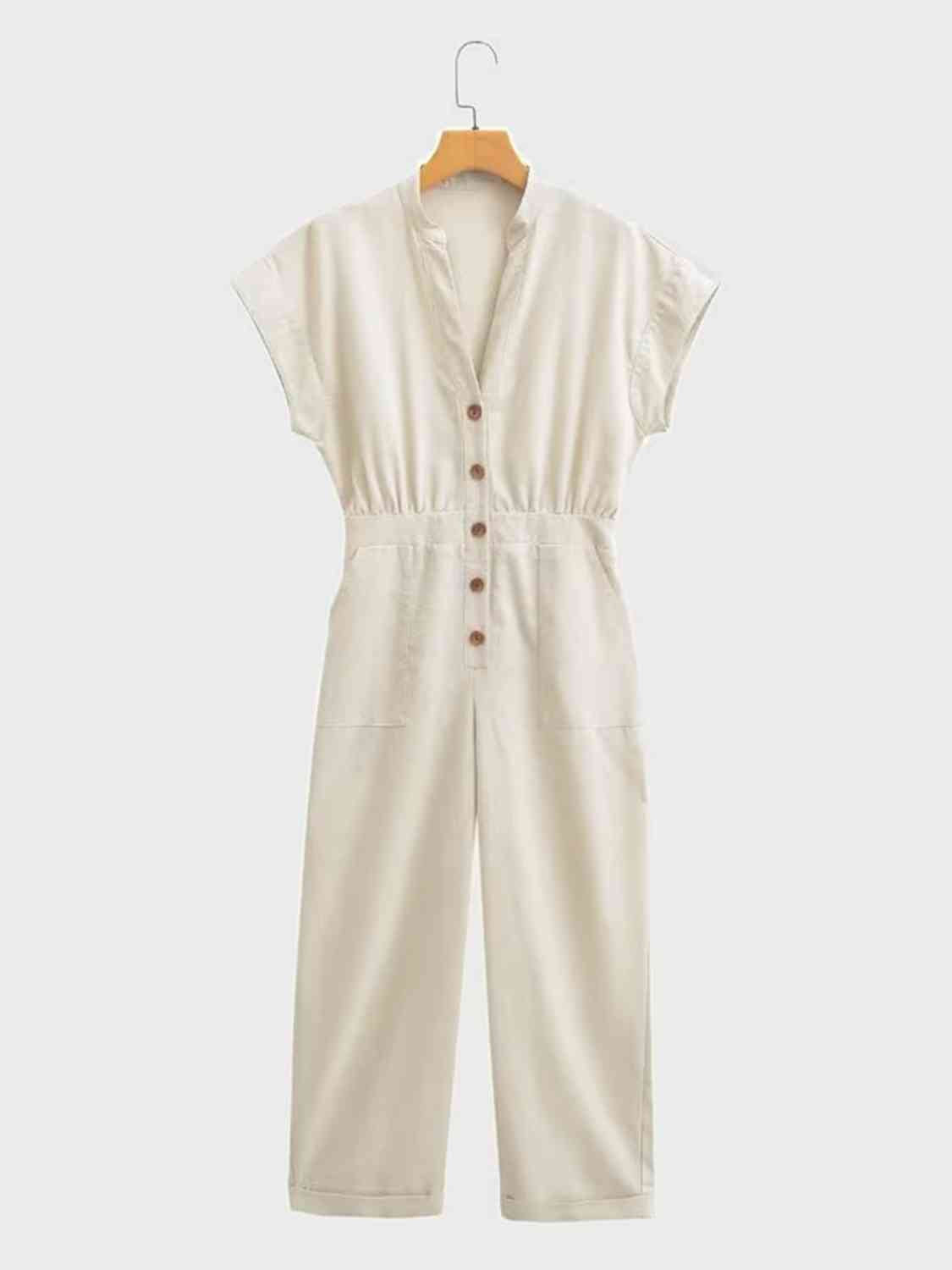 Notched Short Sleeve Jumpsuit with Pockets