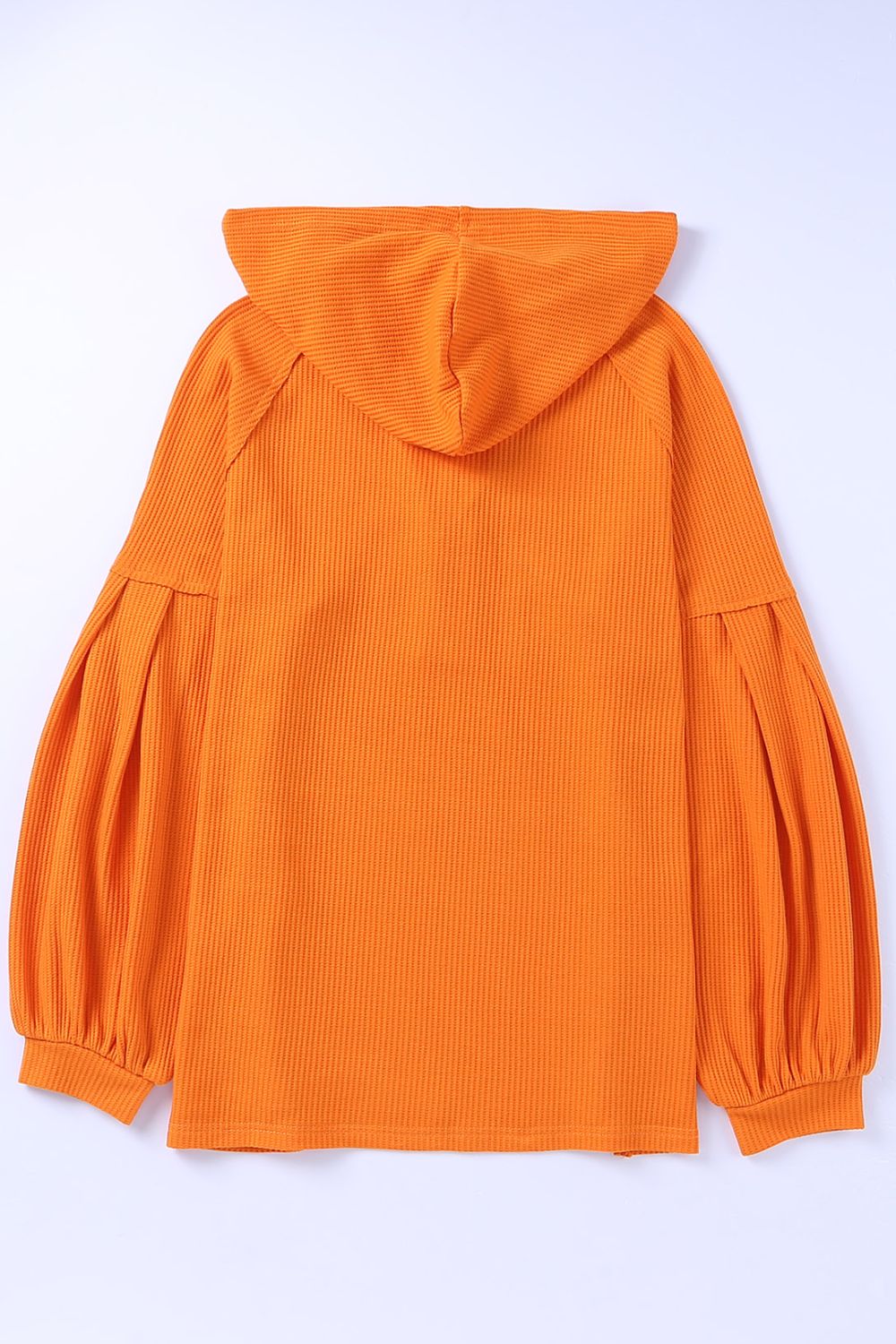 Puff Sleeve Side Slit Buttoned Waffle Knit Hoodie