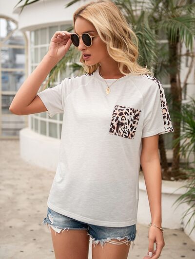 Pocketed Leopard Round Neck Short Sleeve T-Shirt