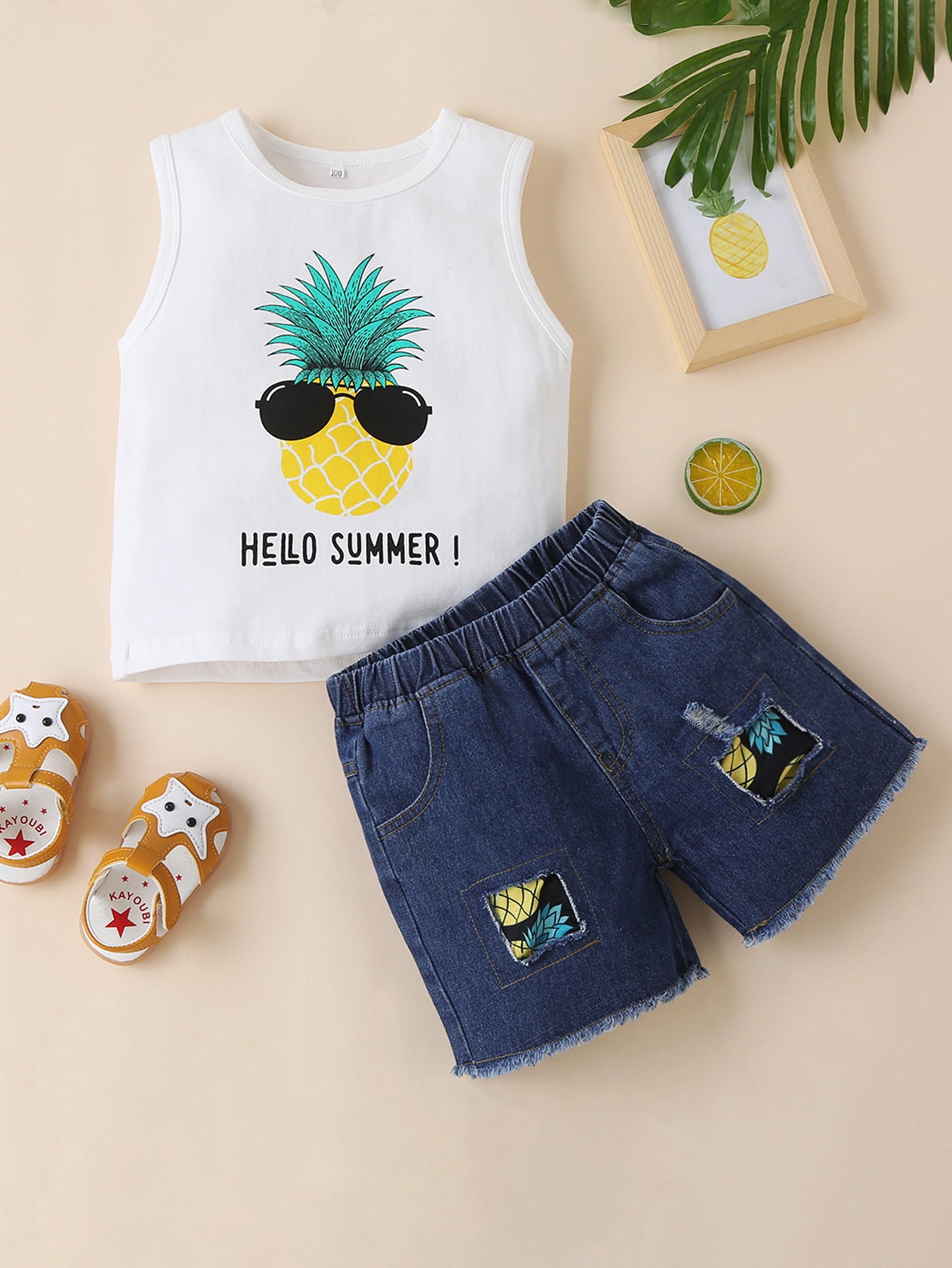HELLO SUMMER Pineapple Graphic Tank and Raw Hem Denim Shorts Set