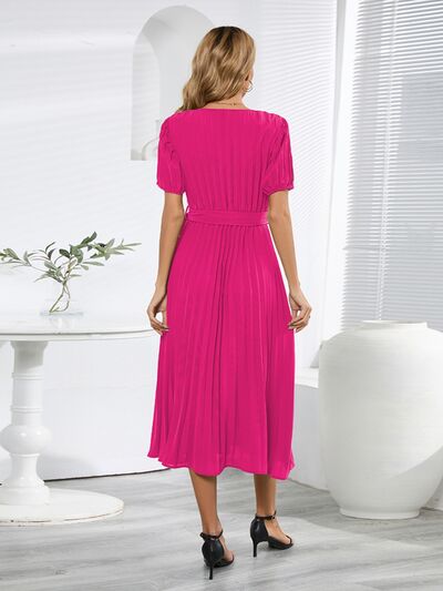 Pleated Surplice Tie Waist Midi Dress