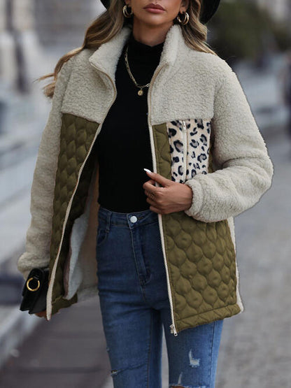 Leopard Color Block Zip-Up Jacket