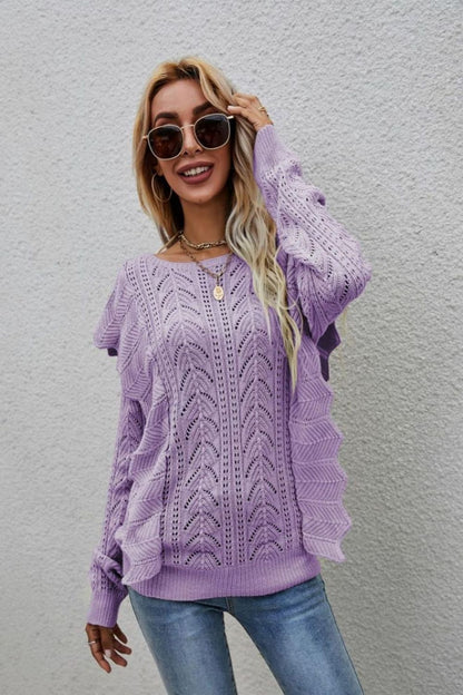 Openwork Round Neck Ruffled Sweater