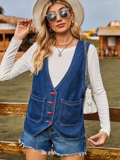 Pocketed Button Up Sleeveless Denim Jacket