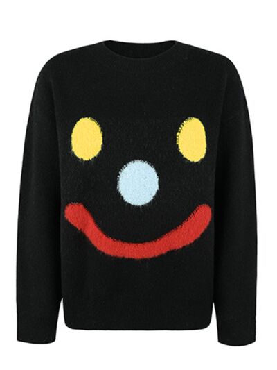 Smile Pattern Round Neck Dropped Shoulder Sweater