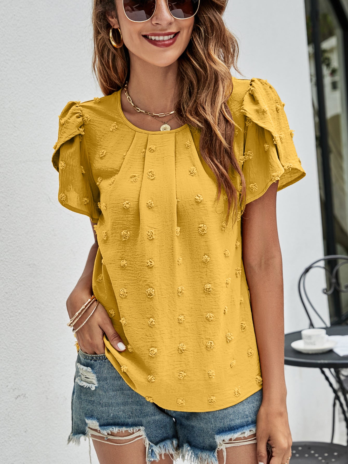 Swiss Dot Round Neck Petal Sleeve Top