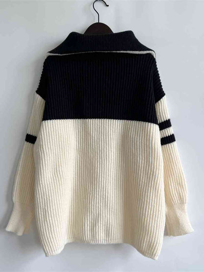 Ribbed Two-Tone Half Zip Sweater