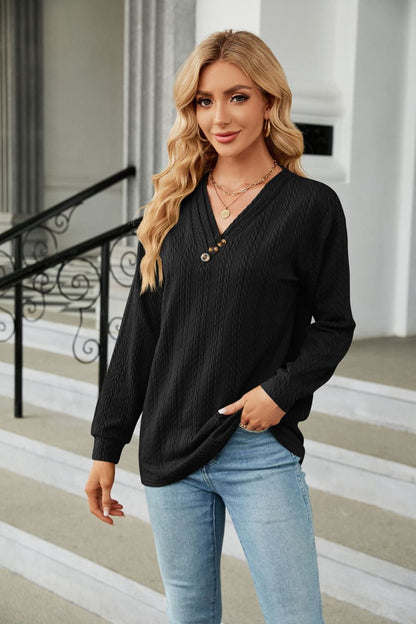 Decorative Button V-Neck Long Sleeve T-Shirt