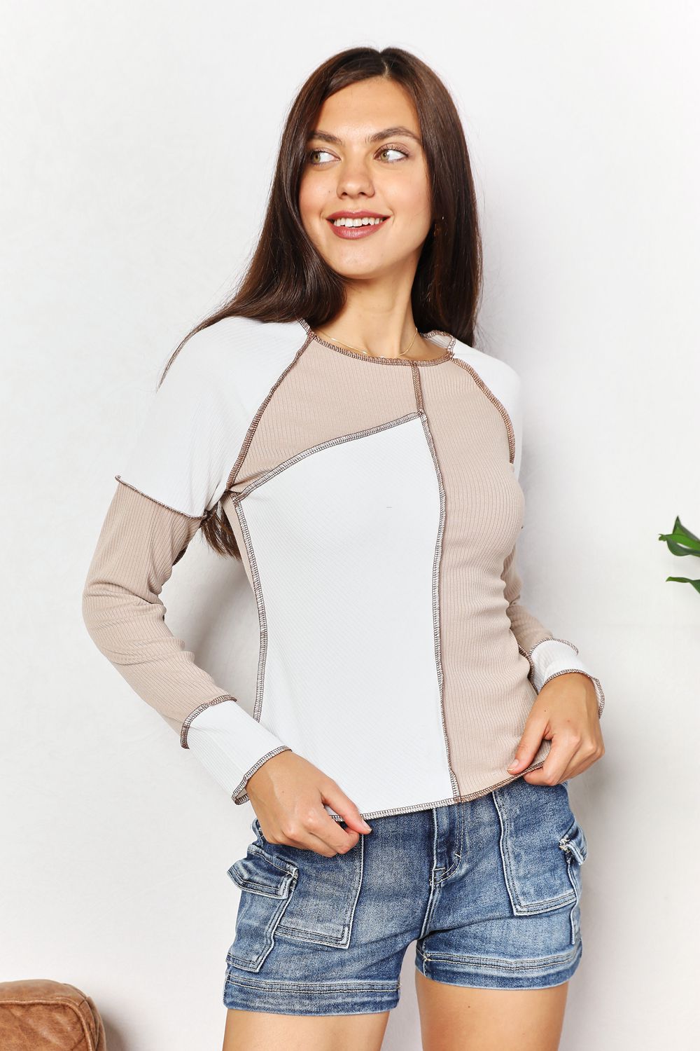 Double Take Color Block Exposed Seam Top