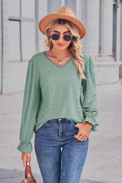 Lace Trim V-Neck Flounce Sleeve Top