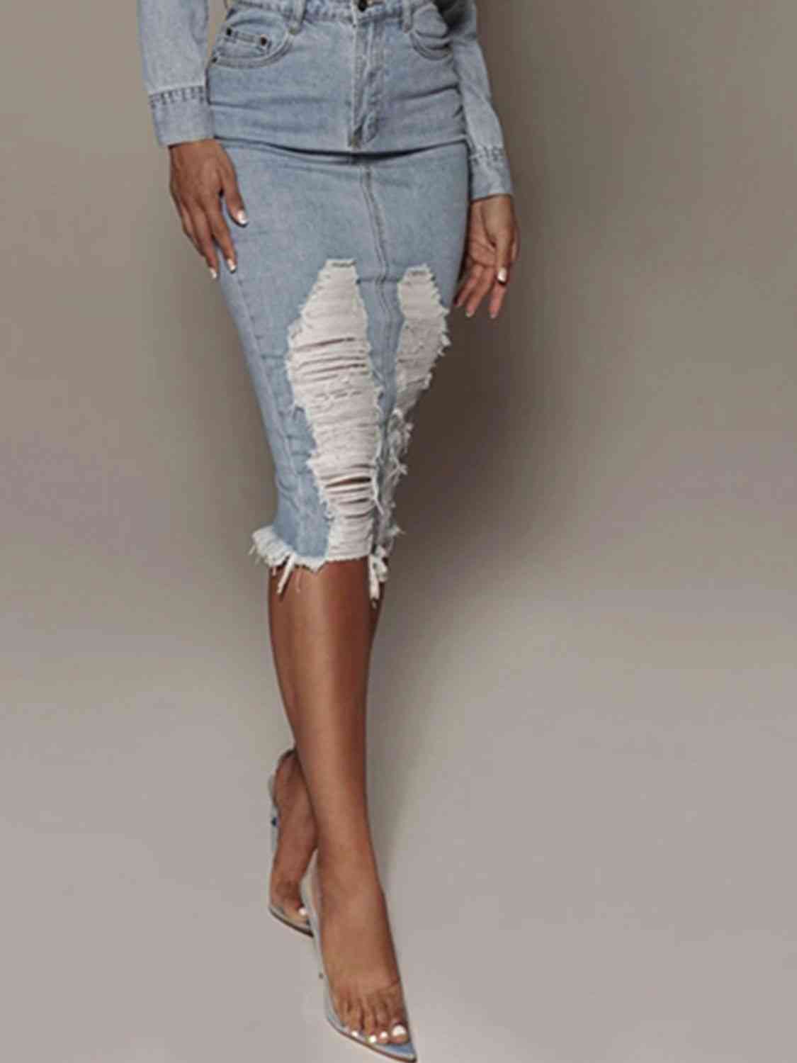 Distressed Slit Denim Skirt