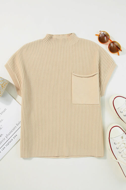 Ribbed Mock Neck Short Sleeve Knit Top