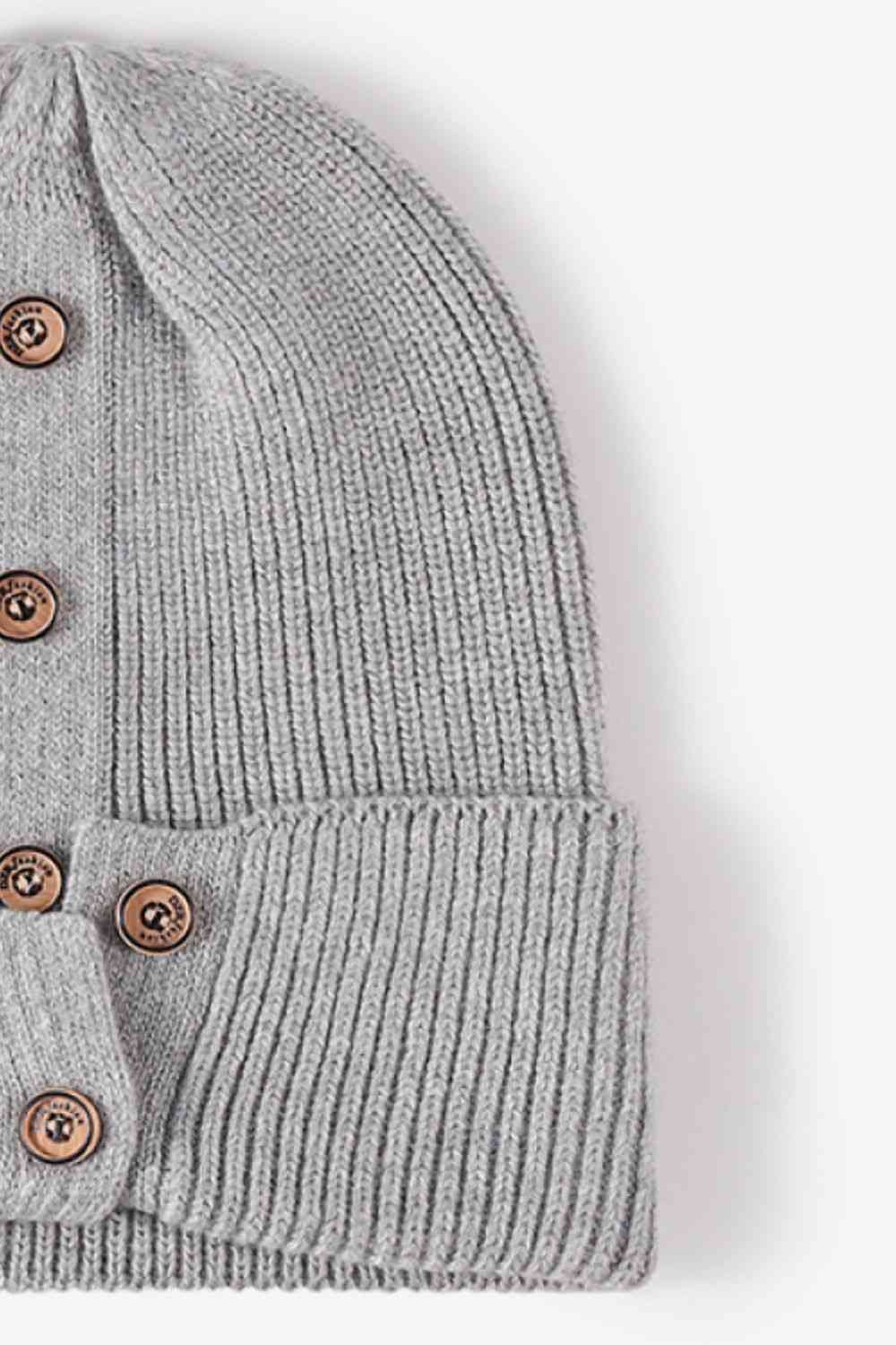 Button Detail Rib-Knit Cuff Beanie