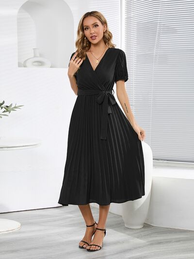 Pleated Surplice Tie Waist Midi Dress