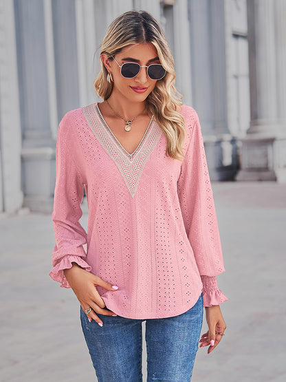 V-Neck Eyelet Flounce Sleeve Blouse